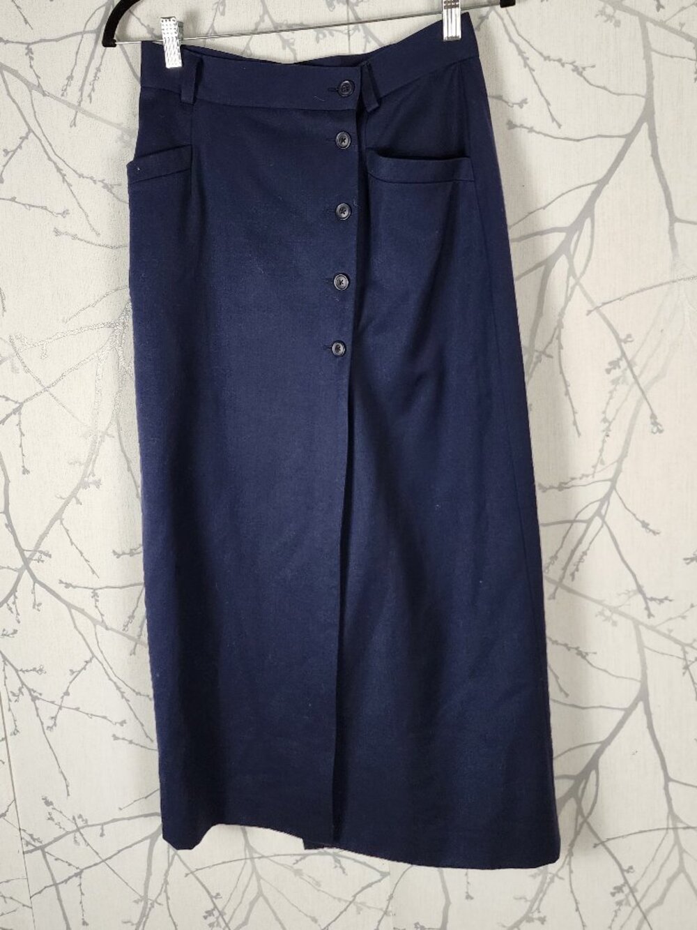 Wainscott Navy Wool Twill Asymmetrical Button Front Midi Skirt